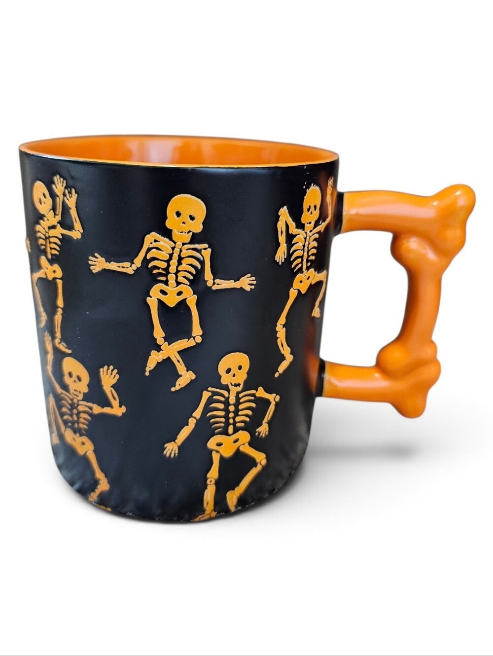 Halloween Skeleton Bone-Handle Ceramic Mug - Black & Orange, New!